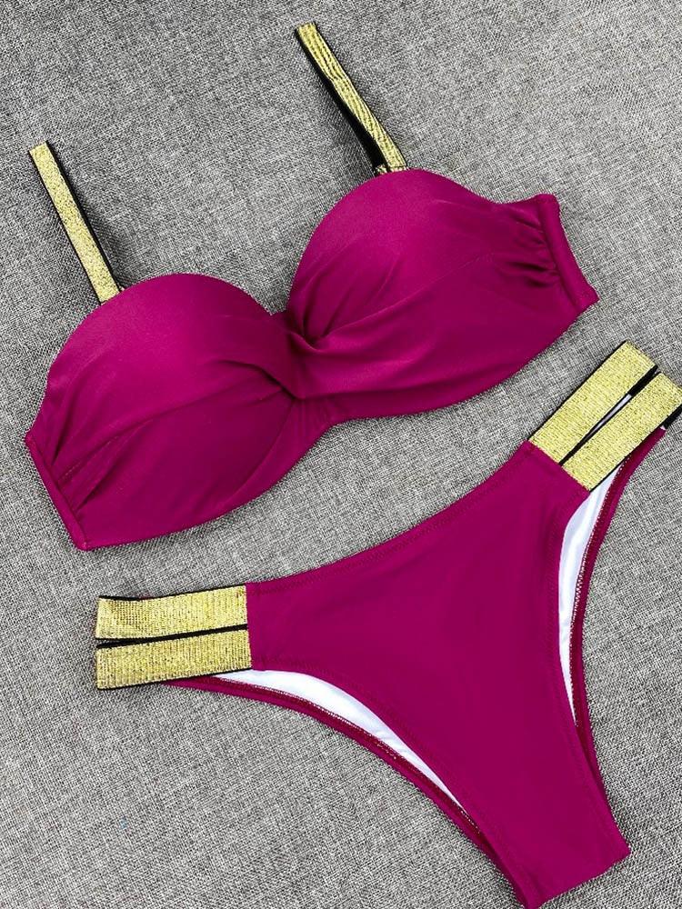 Bikini Sets Solid Color Swimsuit  Mid-Waist  Gather Cup Bikinis Women Swimwear Female Bathing Suits Beach wear  Two Piece Swimsuits Triangle Bikini swimsuits for Women