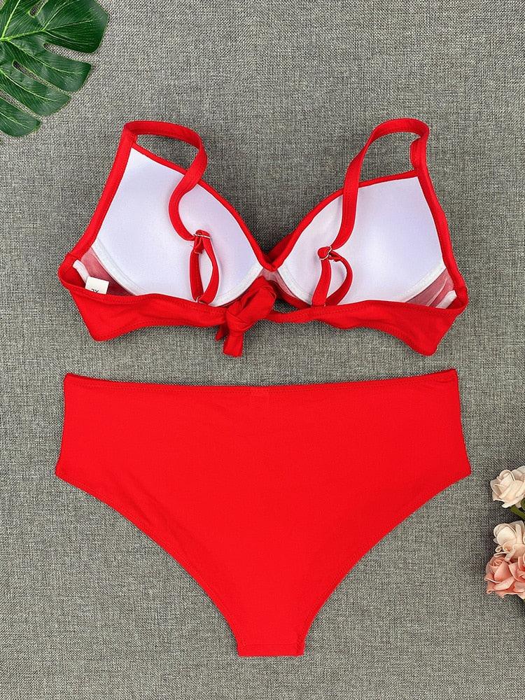 Bikini Sets Solid Color Swimsuit  Mid-Waist  Gather Cup Bikinis Women Swimwear Female Bathing Suits Beach wear  Two Piece Swimsuits Triangle Bikini swimsuits for Women