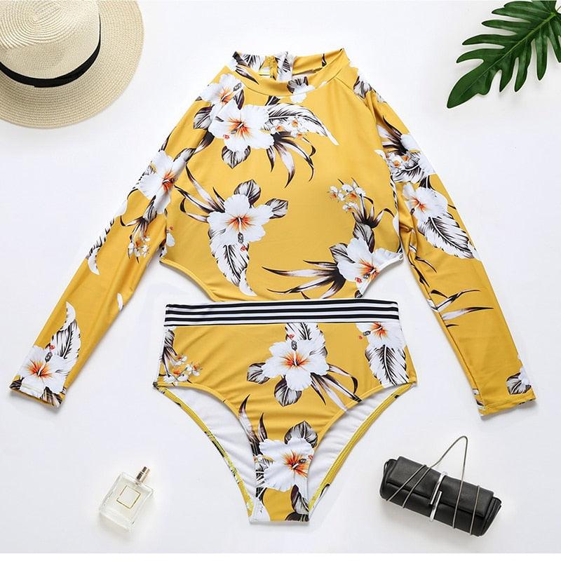 Surfing Swimsuit For Women Bikini Long Sleeve Swimwear Tiger Print Push Up Summer Bath Suit Two Piece Surfing Rash Guard Bikini Long Sleeve Swimsuit Set