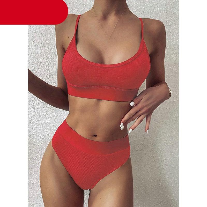 High Waist Bikinis Ribbed Swimwear Women Push Up Swimsuits Women's Scoop Neck Swimsuits High Waist Bikini Sets 2 Piece Bathing Suit Solid Strap Bathing Suit Female Set