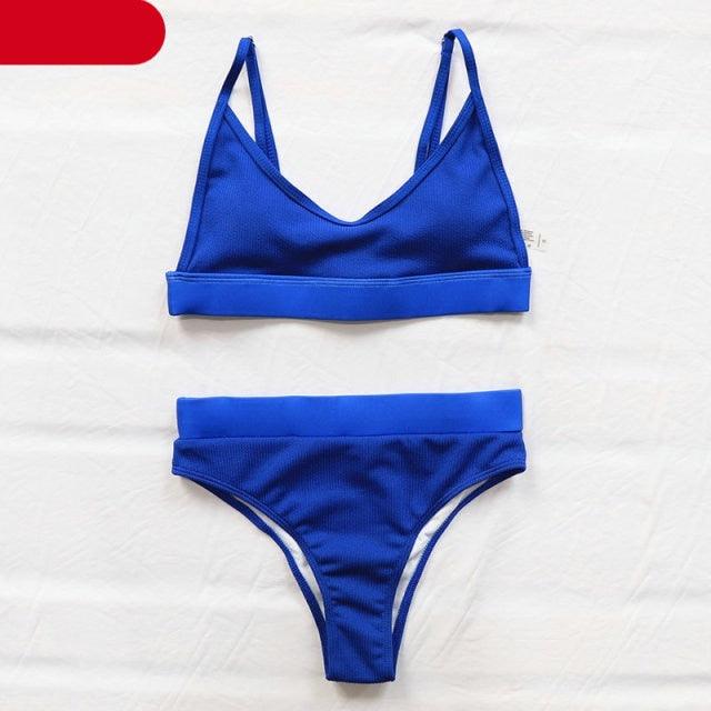 High Waist Bikinis Ribbed Swimwear Women Push Up Swimsuits Women's Scoop Neck Swimsuits High Waist Bikini Sets 2 Piece Bathing Suit Solid Strap Bathing Suit Female Set