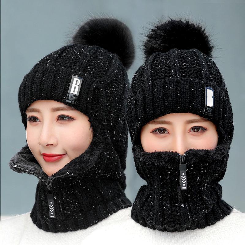 Coral Fleece Winter Women Knitted Hats Add Fur Warm Winter Hats For Women With Zipper Keep Face Warmer Balaclava Pompoms Cap Balaclava Gorgas Bonnet Knitted Hat Windproof Ski Mask Cold Weather Face Mask Motorcycle Balaclava Hood Warmer Winter Sports Cap