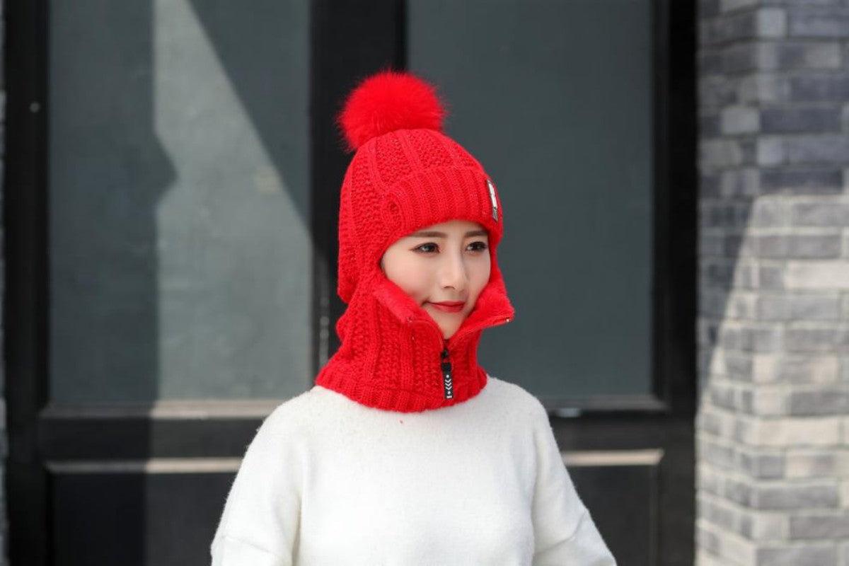 Coral Fleece Winter Women Knitted Hats Add Fur Warm Winter Hats For Women With Zipper Keep Face Warmer Balaclava Pompoms Cap Balaclava Gorgas Bonnet Knitted Hat Windproof Ski Mask Cold Weather Face Mask Motorcycle Balaclava Hood Warmer Winter Sports Cap