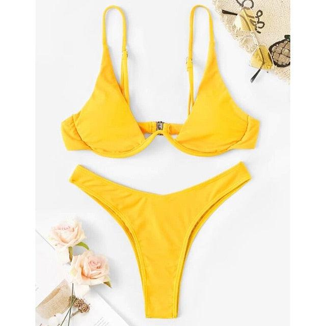 Neon V-bar Underwired Bikini Female Ribbed Swimsuit Women Swimwear Two-pieces Bikini set Push up Bathing Suit