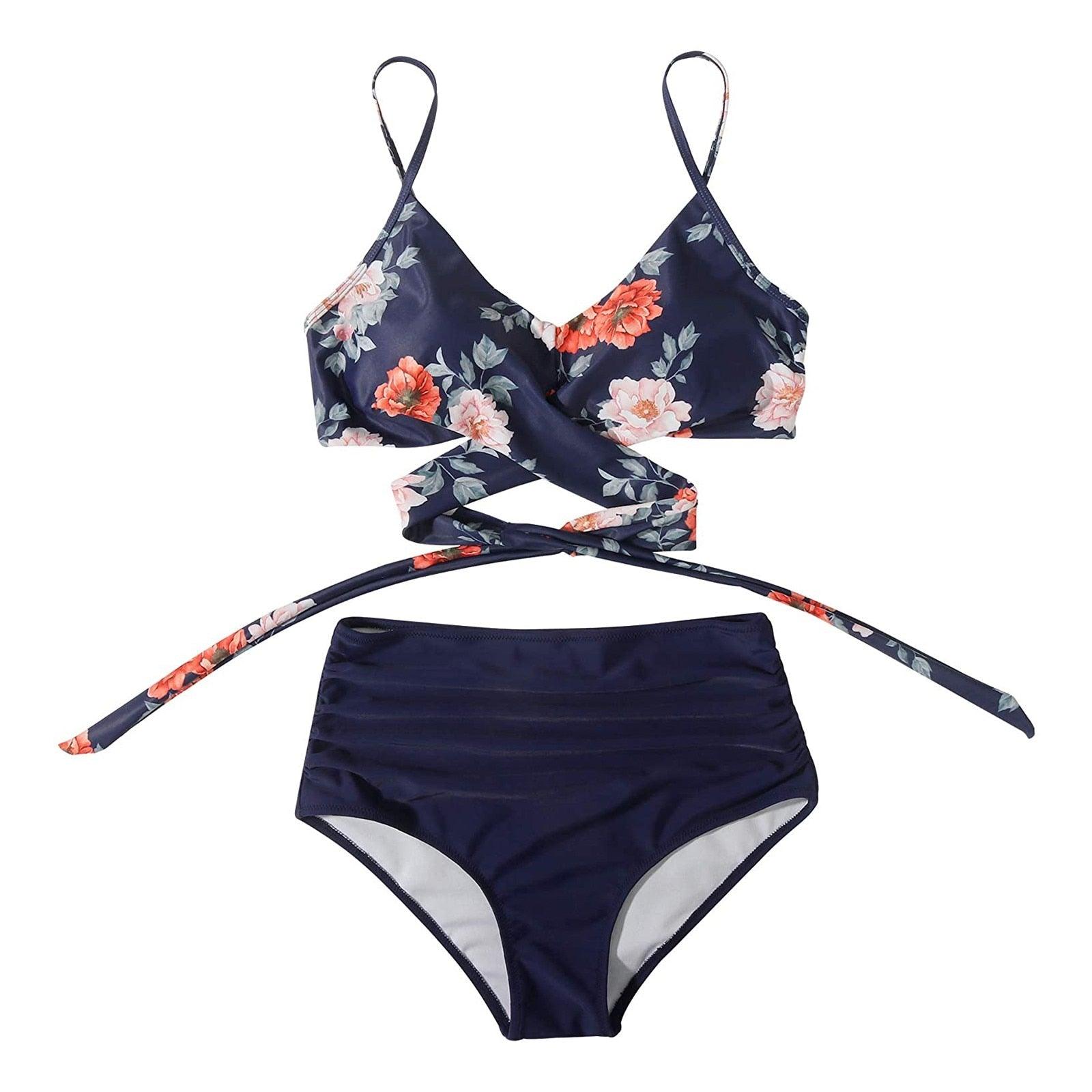 Modern Floral Bikini 2 Pieces Flower Print Bikini Set Women Crisscross High Waist String 2 Piece Bathing Suits High Waist Women's Swimsuit Shorts Solid Bikini Floral Summer Bikini Set