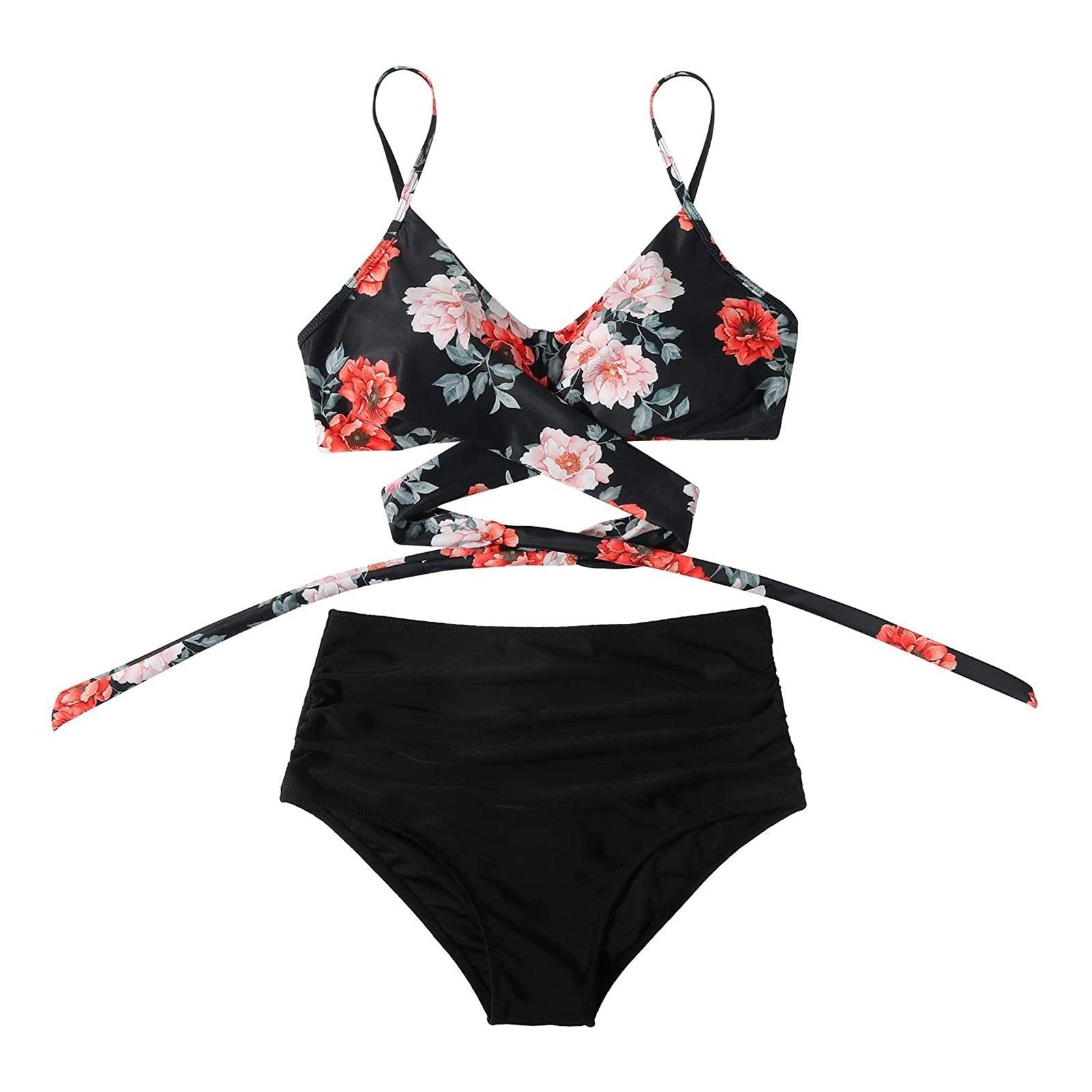 Modern Floral Bikini 2 Pieces Flower Print Bikini Set Women Crisscross High Waist String 2 Piece Bathing Suits High Waist Women's Swimsuit Shorts Solid Bikini Floral Summer Bikini Set