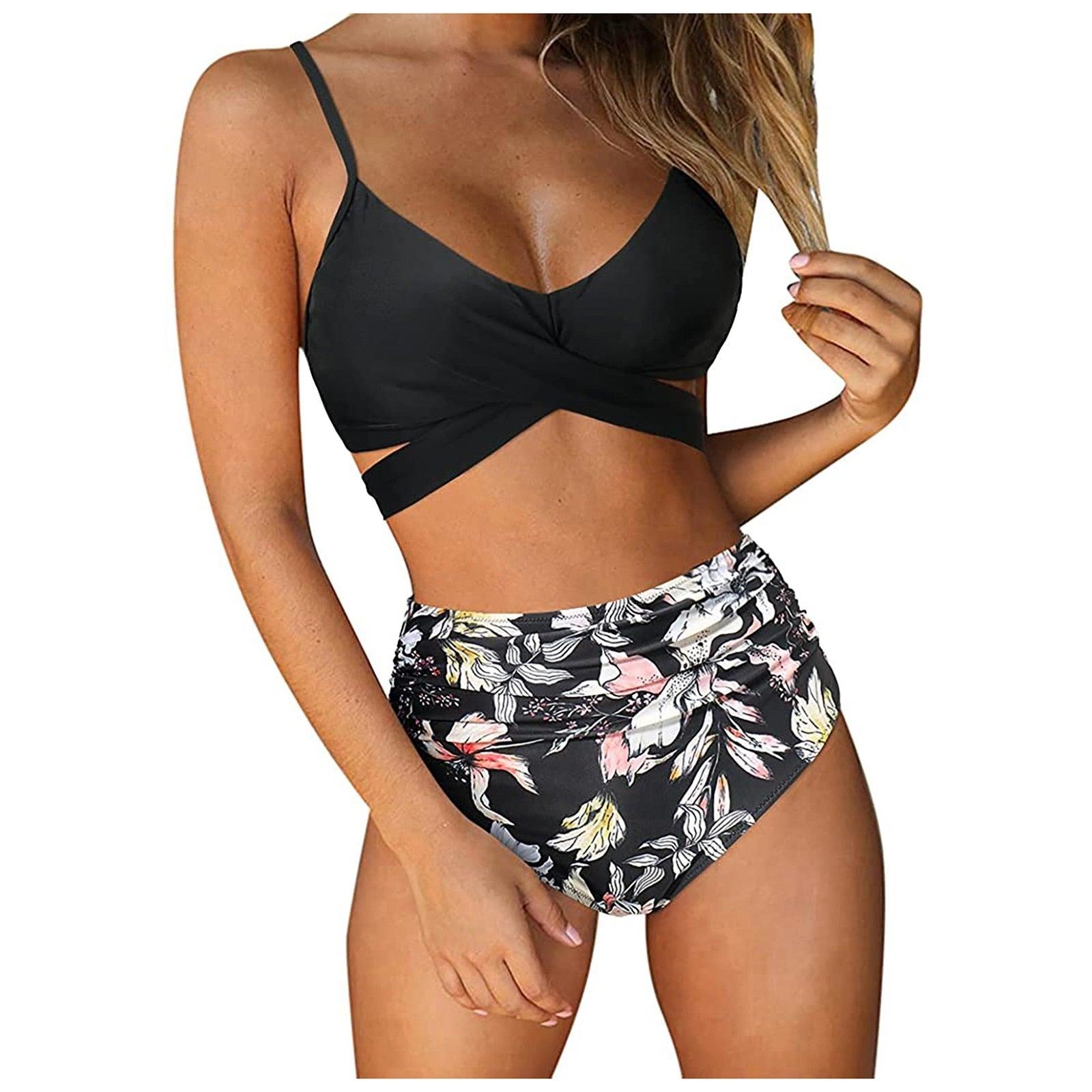 Modern Floral Bikini 2 Pieces Flower Print Bikini Set Women Crisscross High Waist String 2 Piece Bathing Suits High Waist Women's Swimsuit Shorts Solid Bikini Floral Summer Bikini Set