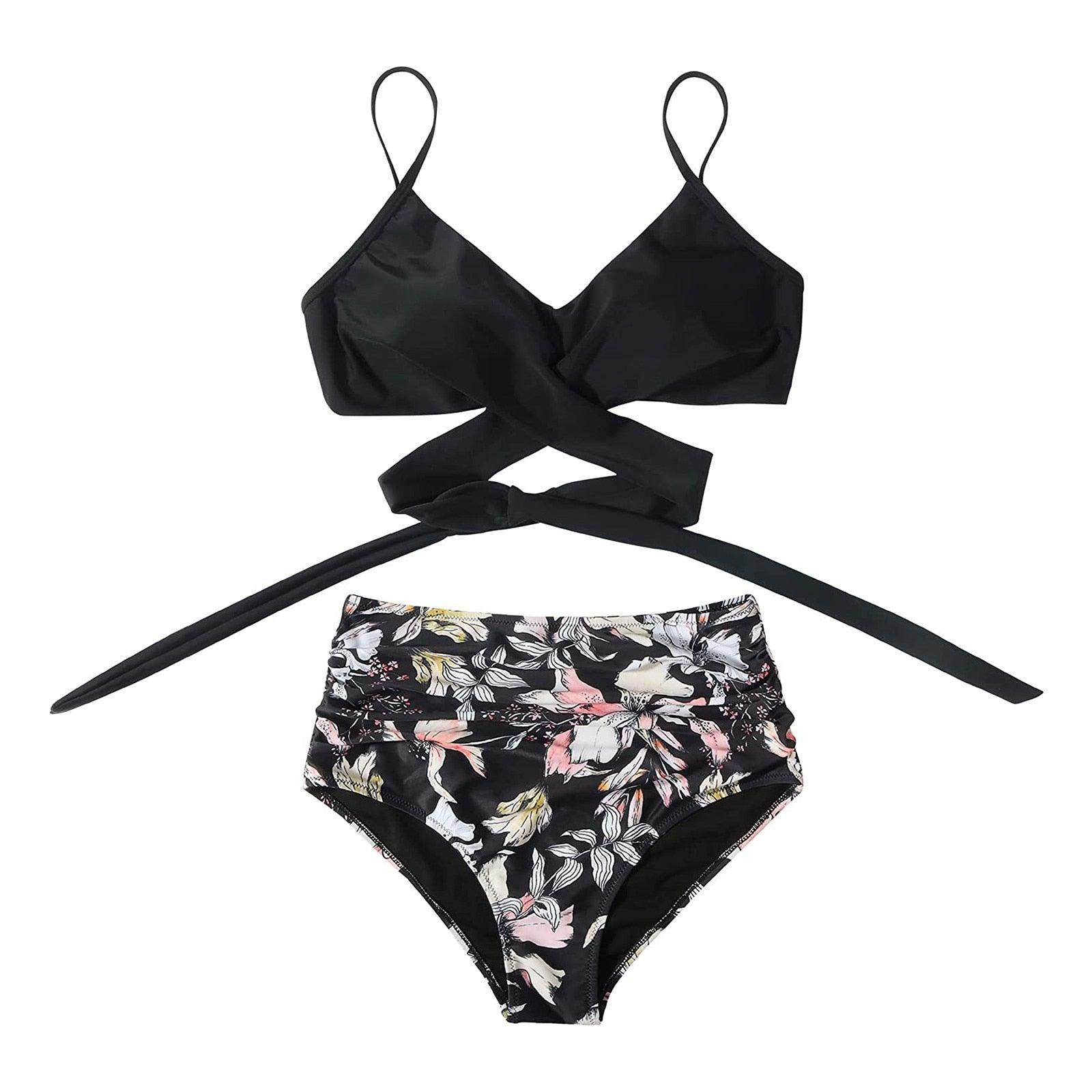 Modern Floral Bikini 2 Pieces Flower Print Bikini Set Women Crisscross High Waist String 2 Piece Bathing Suits High Waist Women's Swimsuit Shorts Solid Bikini Floral Summer Bikini Set