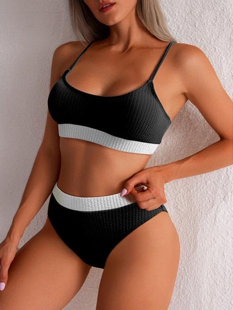 High Waist Bikinis Swimwear Women Push Up Swimsuits Solid High Waist Bikini Sets Sporty Two Pieces Swimsuit Scoop Neck Bathing Suits for Women Ribbed Bathing Suits High Cut Summer Beachwear