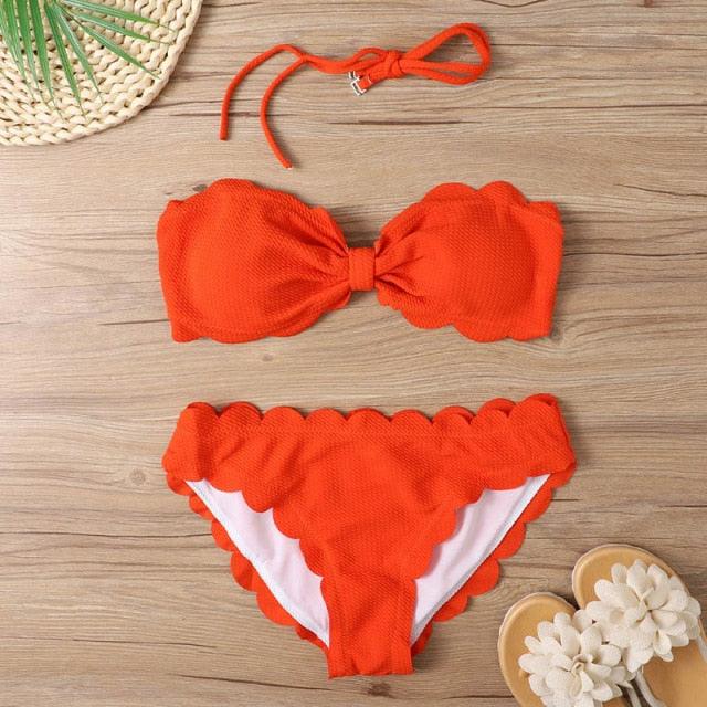 Bikini Set Women  Swimsuit Solid Swimwear Female Summer Beachwear Bathing Suit Women's Ruffle Tie Side Cute Bikini Set High Cut Strapless Padded Solid Bathing Suit