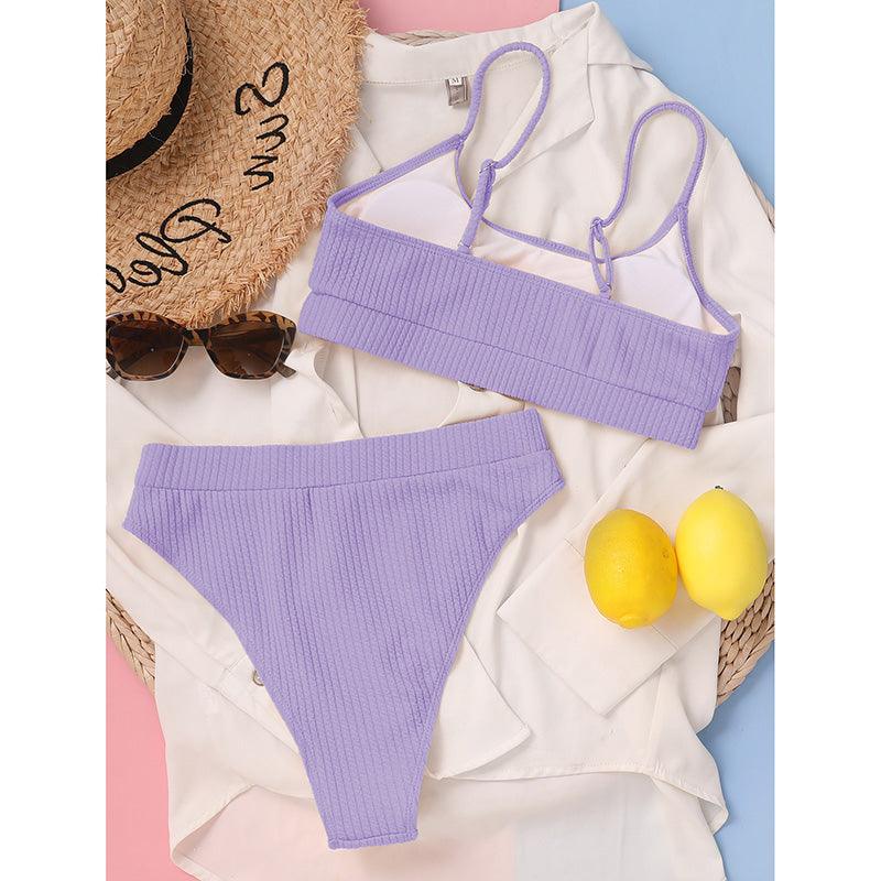 High Waist Bikinis Swimwear Women Push Up Swimsuits Solid High Waist Bikini Sets Sporty Two Pieces Swimsuit Scoop Neck Bathing Suits for Women Ribbed Bathing Suits High Cut Summer Beachwear