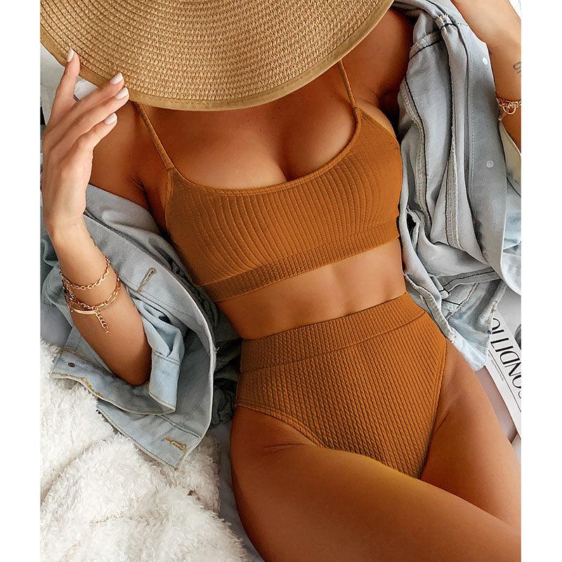 High Waist Bikinis Swimwear Women Push Up Swimsuits Solid High Waist Bikini Sets Sporty Two Pieces Swimsuit Scoop Neck Bathing Suits for Women Ribbed Bathing Suits High Cut Summer Beachwear