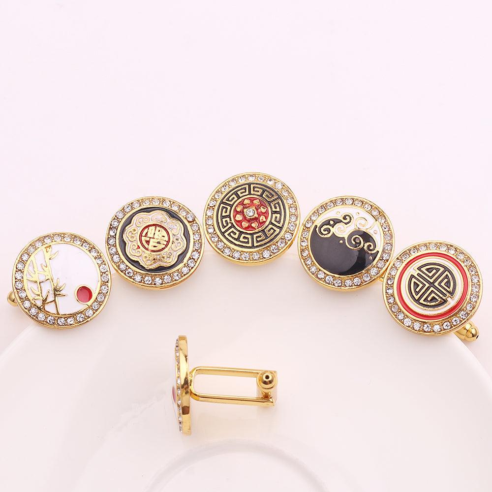 Classic Gold Color Plated Rhinestone Black Men Cufflink Elegant Wedding Suit Shirt Buttons Cufflinks Fancy Business Cufflinks Stylish Round Retro Cuff Links