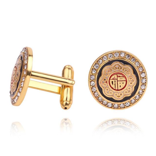 Classic Gold Color Plated Rhinestone Black Men Cufflink Elegant Wedding Suit Shirt Buttons Cufflinks Fancy Business Cufflinks Stylish Round Retro Cuff Links