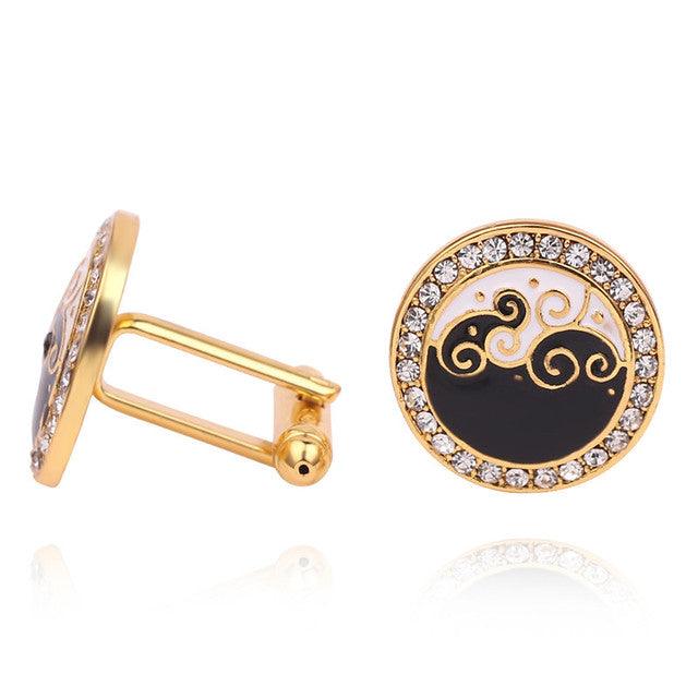 Classic Gold Color Plated Rhinestone Black Men Cufflink Elegant Wedding Suit Shirt Buttons Cufflinks Fancy Business Cufflinks Stylish Round Retro Cuff Links