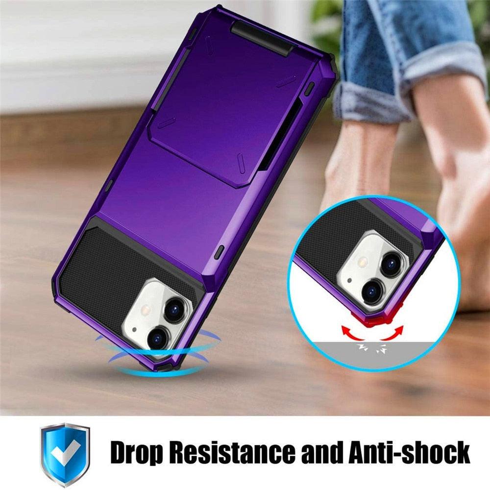 Protective Case For Cards Shock Absorption Anti-Slip Heavy Duty Protection Hard Cover For iPhone 14 13 11 12 Pro Max Mini Case With Wallet Card Hidden Card Compartment Cover For iPhone 11 12 Pro Max 12Pro 12 Mini