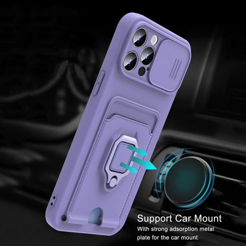 Purple Silicone Slide Camera Protector Case For iPhone 14 11 12 13 Pro Max X XR XS Magnetic Ring Card Holder Cover Heavy Duty Multifunctional Shockproof Magnetic Cover Case & Holder