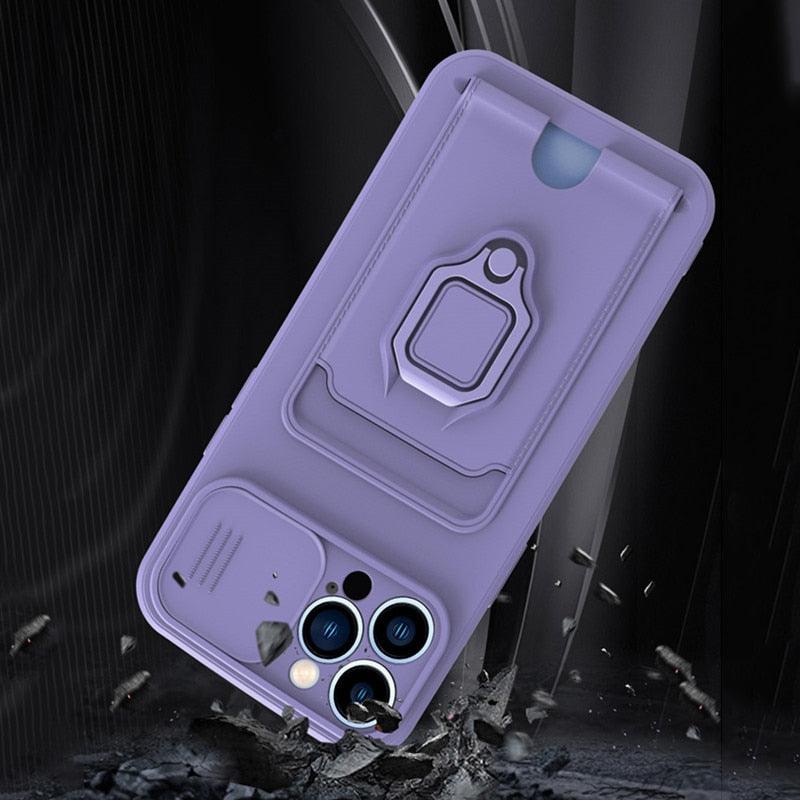 Purple Silicone Slide Camera Protector Case For iPhone 14 11 12 13 Pro Max X XR XS Magnetic Ring Card Holder Cover Heavy Duty Multifunctional Shockproof Magnetic Cover Case & Holder