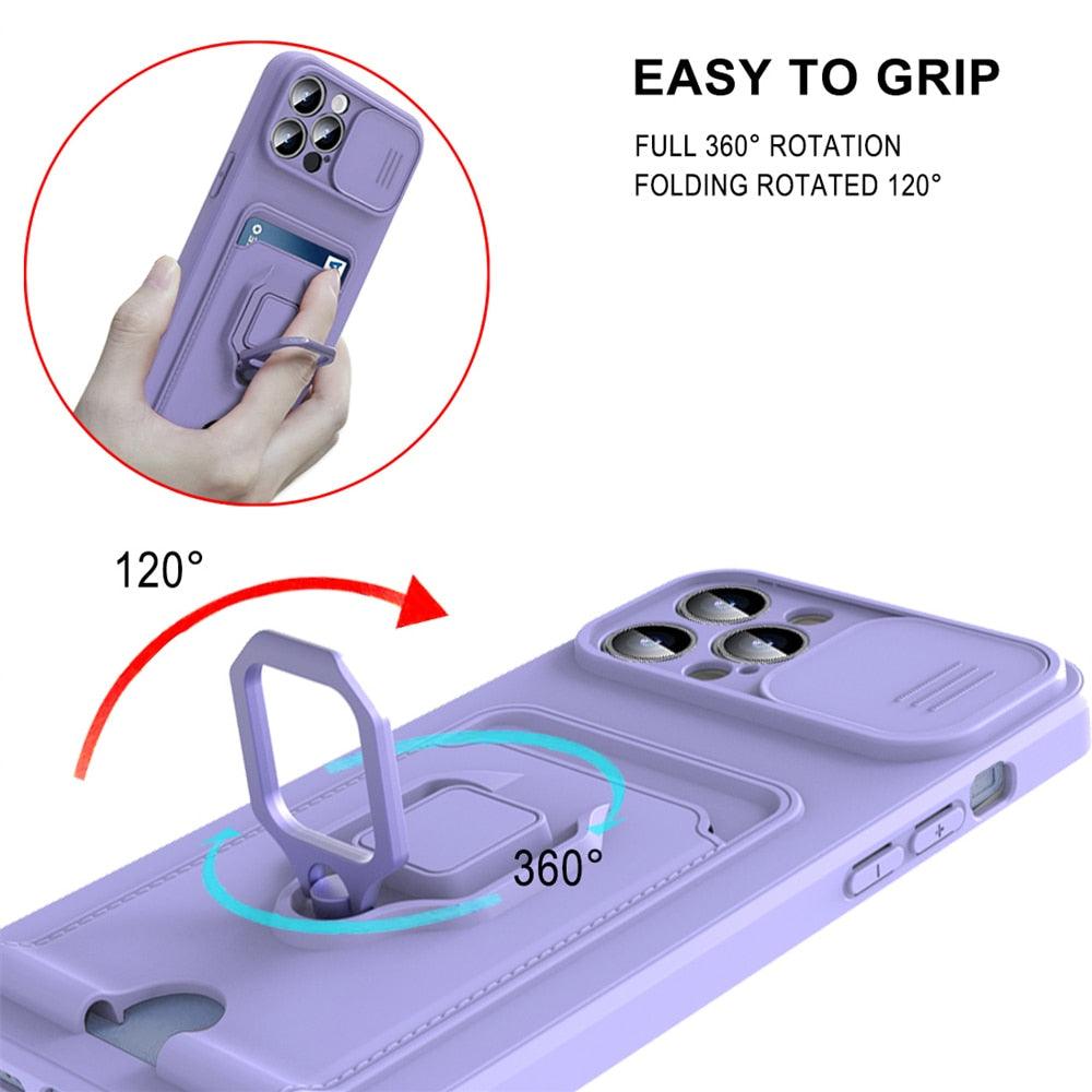 Purple Silicone Slide Camera Protector Case For iPhone 14 11 12 13 Pro Max X XR XS Magnetic Ring Card Holder Cover Heavy Duty Multifunctional Shockproof Magnetic Cover Case & Holder