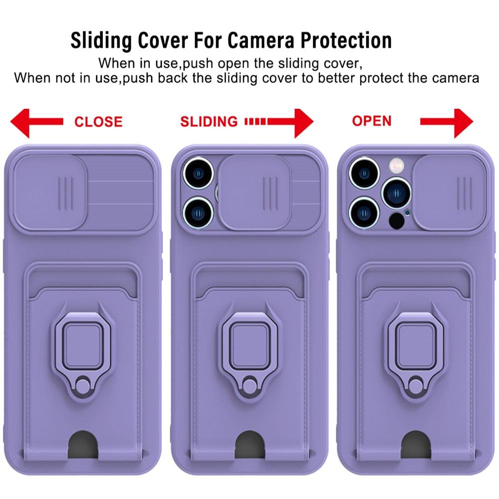 Purple Silicone Slide Camera Protector Case For iPhone 14 11 12 13 Pro Max X XR XS Magnetic Ring Card Holder Cover Heavy Duty Multifunctional Shockproof Magnetic Cover Case & Holder