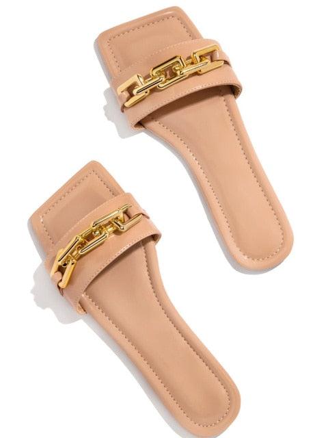 Purple Women's Slippers Summer Gold Chain Luxury Square Head Flat Heel Outdoor Beach Women Slides Sandals Leather Flat Sandals  Strap Slides With Chain Open Toe Summer Slippers