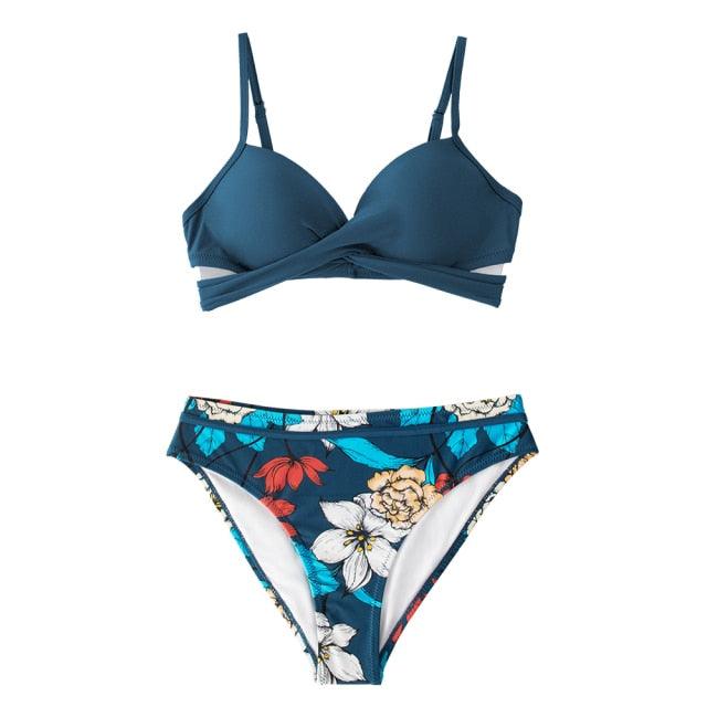 Push Up Floral Bikini Sets Women Two Pieces Swimsuits Women's Bathing Suits Push Up Halter Bandage Bikini Floral Printing Swim Bottoms Two Piece Swimsuits New Girl Beach Bathing Suits Swimwear