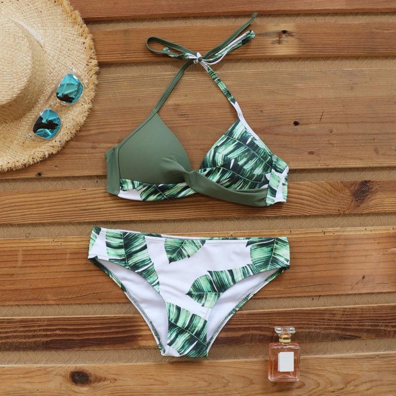 Push Up Women Bikinis Swimwear  Women's Bathing Suits Push Up Halter Bandage Bikini Floral Printing Swim Bottoms Two Piece Swimsuits Women Swimsuits Bathing Suit Halter  Leaf Print Beach Wear Plus Size