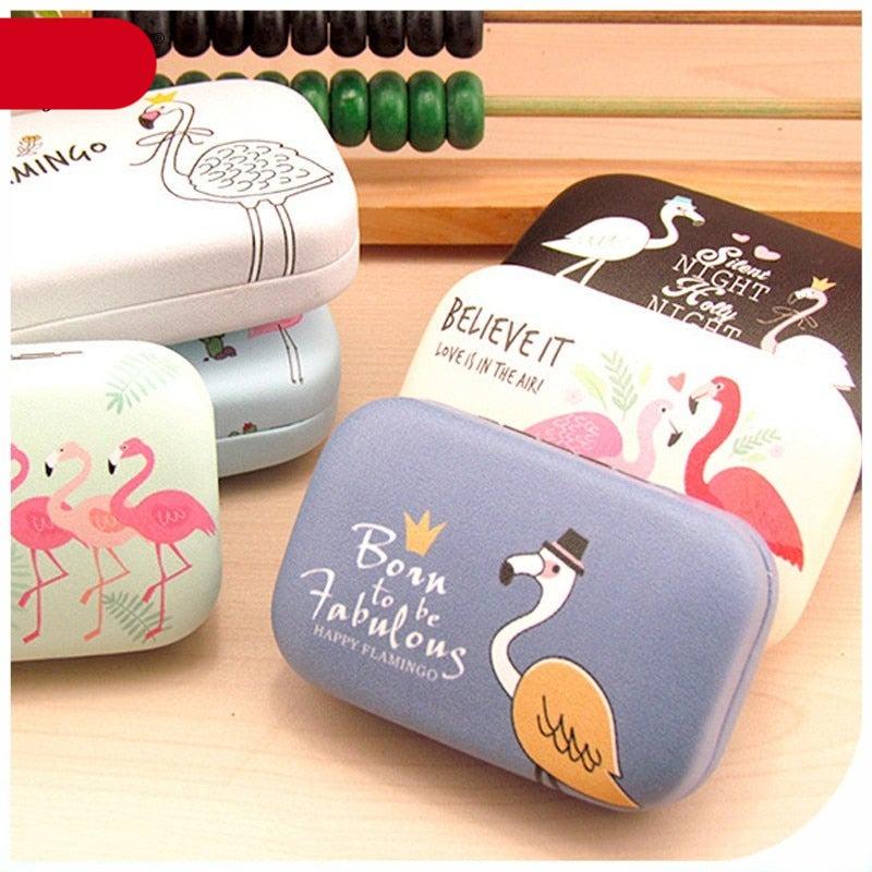 Random Pattern Flamingo Leather Contact Lens Case Cute Contact Lens Travel Lens Case Container Holder Storage Box Portable Contact Lens Travel Kits For Women Girls