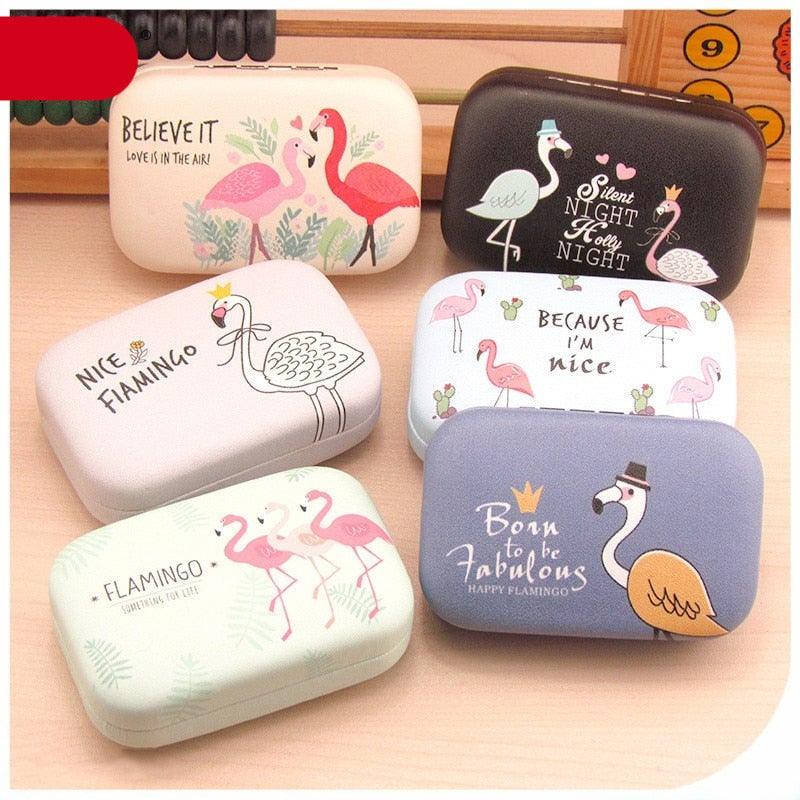 Random Pattern Flamingo Leather Contact Lens Case Cute Contact Lens Travel Lens Case Container Holder Storage Box Portable Contact Lens Travel Kits For Women Girls