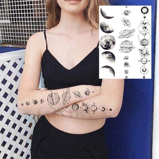 Realistic Black Temporary Small Big Tattoos Space Planets Animals Tatoos Waterproof  Face Hands Tattoos For Girls Mens