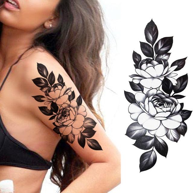 Realistic Sketches Black Flowers Temporary Waterproof Flower Tattoos Modern Body Arm Drawing For Womens - STEVVEX Beauty - 103, Arm Tattoo, Beauty, Big Flowers Tattoo, Big Tattoo, Black Tattoos, Body Tattoo, Fashion Tattoo, Flower Tattoo, Lavender Tattoo, Leg Tattoo, Luxury Tattoo, Modern Tatoos, Modern Tattoo, Realistic Tattoo, Sketch Tattoo, Stylish Tattoo, Tattoo - Stevvex.com