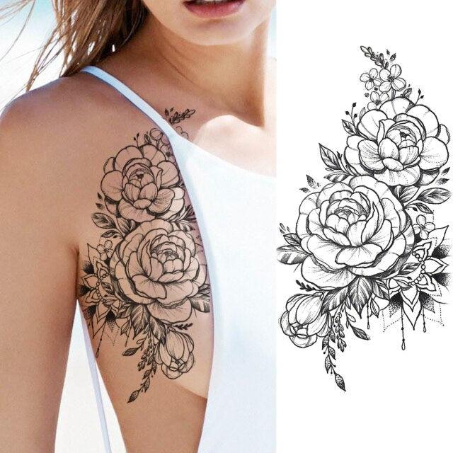 Realistic Sketches Black Flowers Temporary Waterproof Flower Tattoos Modern Body Arm Drawing For Womens - STEVVEX Beauty - 103, Arm Tattoo, Beauty, Big Flowers Tattoo, Big Tattoo, Black Tattoos, Body Tattoo, Fashion Tattoo, Flower Tattoo, Lavender Tattoo, Leg Tattoo, Luxury Tattoo, Modern Tatoos, Modern Tattoo, Realistic Tattoo, Sketch Tattoo, Stylish Tattoo, Tattoo - Stevvex.com