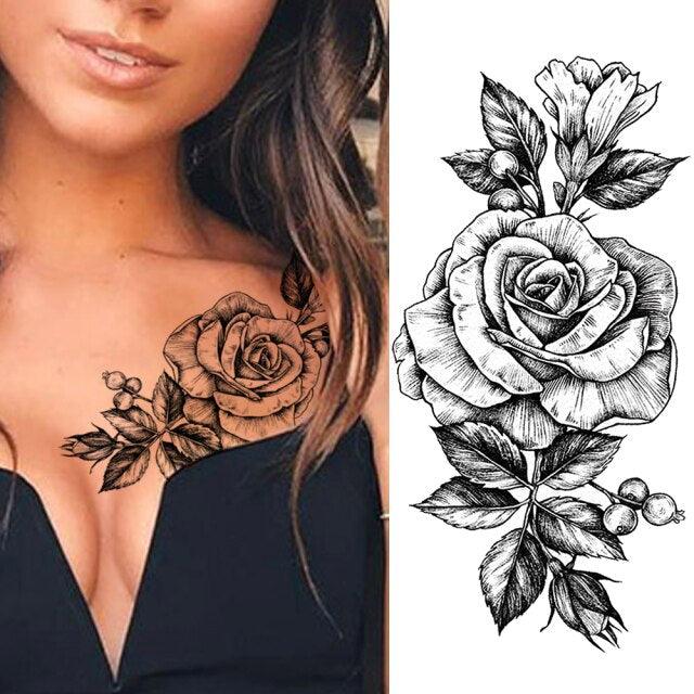 Realistic Sketches Black Flowers Temporary Waterproof Flower Tattoos Modern Body Arm Drawing For Womens - STEVVEX Beauty - 103, Arm Tattoo, Beauty, Big Flowers Tattoo, Big Tattoo, Black Tattoos, Body Tattoo, Fashion Tattoo, Flower Tattoo, Lavender Tattoo, Leg Tattoo, Luxury Tattoo, Modern Tatoos, Modern Tattoo, Realistic Tattoo, Sketch Tattoo, Stylish Tattoo, Tattoo - Stevvex.com