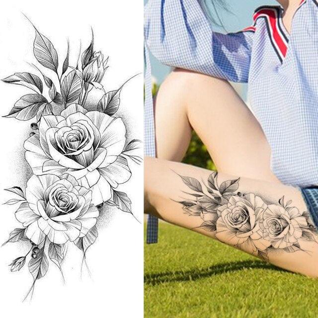 Realistic Sketches Black Flowers Temporary Waterproof Flower Tattoos Modern Body Arm Drawing For Womens - STEVVEX Beauty - 103, Arm Tattoo, Beauty, Big Flowers Tattoo, Big Tattoo, Black Tattoos, Body Tattoo, Fashion Tattoo, Flower Tattoo, Lavender Tattoo, Leg Tattoo, Luxury Tattoo, Modern Tatoos, Modern Tattoo, Realistic Tattoo, Sketch Tattoo, Stylish Tattoo, Tattoo - Stevvex.com