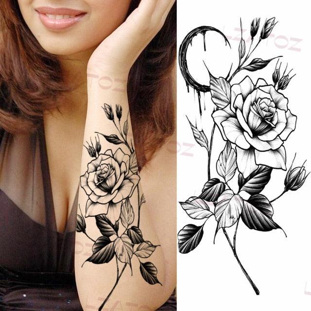 Realistic Sketches Black Flowers Temporary Waterproof Flower Tattoos Modern Body Arm Drawing For Womens - STEVVEX Beauty - 103, Arm Tattoo, Beauty, Big Flowers Tattoo, Big Tattoo, Black Tattoos, Body Tattoo, Fashion Tattoo, Flower Tattoo, Lavender Tattoo, Leg Tattoo, Luxury Tattoo, Modern Tatoos, Modern Tattoo, Realistic Tattoo, Sketch Tattoo, Stylish Tattoo, Tattoo - Stevvex.com