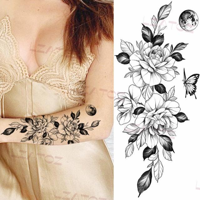 Realistic Sketches Black Flowers Temporary Waterproof Flower Tattoos Modern Body Arm Drawing For Womens - STEVVEX Beauty - 103, Arm Tattoo, Beauty, Big Flowers Tattoo, Big Tattoo, Black Tattoos, Body Tattoo, Fashion Tattoo, Flower Tattoo, Lavender Tattoo, Leg Tattoo, Luxury Tattoo, Modern Tatoos, Modern Tattoo, Realistic Tattoo, Sketch Tattoo, Stylish Tattoo, Tattoo - Stevvex.com