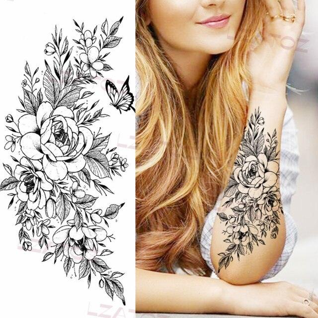 Realistic Sketches Black Flowers Temporary Waterproof Flower Tattoos Modern Body Arm Drawing For Womens - STEVVEX Beauty - 103, Arm Tattoo, Beauty, Big Flowers Tattoo, Big Tattoo, Black Tattoos, Body Tattoo, Fashion Tattoo, Flower Tattoo, Lavender Tattoo, Leg Tattoo, Luxury Tattoo, Modern Tatoos, Modern Tattoo, Realistic Tattoo, Sketch Tattoo, Stylish Tattoo, Tattoo - Stevvex.com