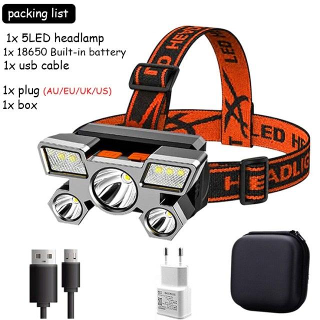 Rechargeable Adjustable USB 5LED Headlamp with High Lumen Handsfree Waterproof Portable Ability Focusing Ring Headlight Flashlight Torchlight For Outdoor Camping Hiking Running Headlight - STEVVEX Lamp - 200, Flashlight, Gadget, Headlamp, Headlight, lamp, Portable Headlamp, Rechargeable Flashlight, Rechargeable Headlamp, Rechargeable Headlight, Rechargeable Torchlight, Torchlight, Waterproof Flashlight, Waterproof Headlamp, Waterproof Headlight - Stevvex.com