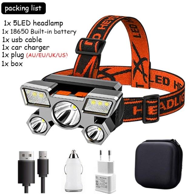 Rechargeable Adjustable USB 5LED Headlamp with High Lumen Handsfree Waterproof Portable Ability Focusing Ring Headlight Flashlight Torchlight For Outdoor Camping Hiking Running Headlight - STEVVEX Lamp - 200, Flashlight, Gadget, Headlamp, Headlight, lamp, Portable Headlamp, Rechargeable Flashlight, Rechargeable Headlamp, Rechargeable Headlight, Rechargeable Torchlight, Torchlight, Waterproof Flashlight, Waterproof Headlamp, Waterproof Headlight - Stevvex.com