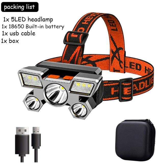 Rechargeable Adjustable USB 5LED Headlamp with High Lumen Handsfree Waterproof Portable Ability Focusing Ring Headlight Flashlight Torchlight For Outdoor Camping Hiking Running Headlight - STEVVEX Lamp - 200, Flashlight, Gadget, Headlamp, Headlight, lamp, Portable Headlamp, Rechargeable Flashlight, Rechargeable Headlamp, Rechargeable Headlight, Rechargeable Torchlight, Torchlight, Waterproof Flashlight, Waterproof Headlamp, Waterproof Headlight - Stevvex.com