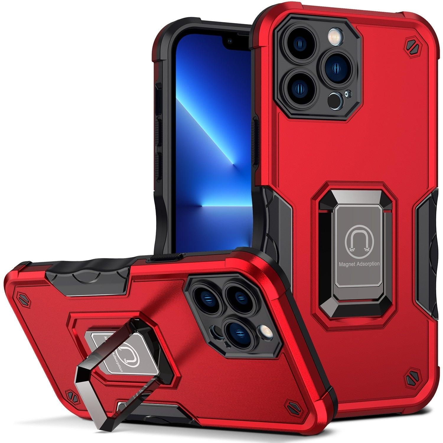 Red Shockproof Camera Protective Case For iPhone 14 Pro Max 13 Pro 12 Kickstand Holder Built-in Magnetic Smartphone Phone Cover