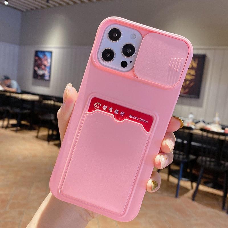 Red Soft Wallet Card Holder Phone Case for iPhone 13 12 11 Pro Max Slide Camera Protection Candy Cover Silicone Back Cover With Slide Camera Cover Protective iphone Case