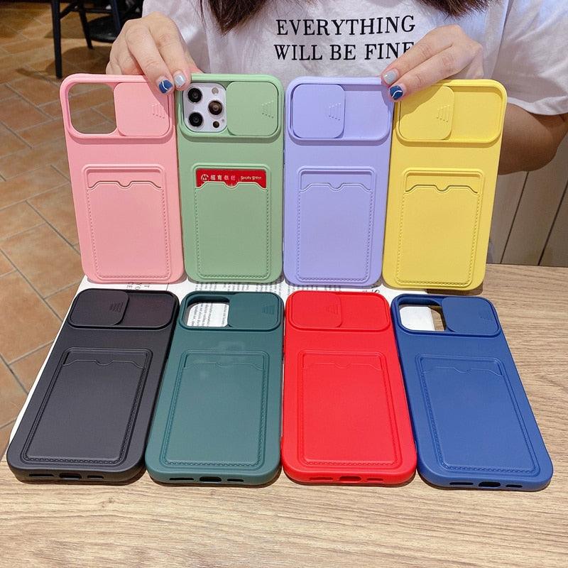 Red Soft Wallet Card Holder Phone Case for iPhone 13 12 11 Pro Max Slide Camera Protection Candy Cover Silicone Back Cover With Slide Camera Cover Protective iphone Case