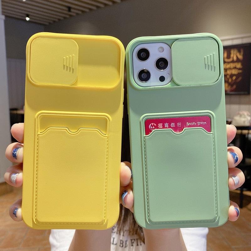 Red Soft Wallet Card Holder Phone Case for iPhone 13 12 11 Pro Max Slide Camera Protection Candy Cover Silicone Back Cover With Slide Camera Cover Protective iphone Case