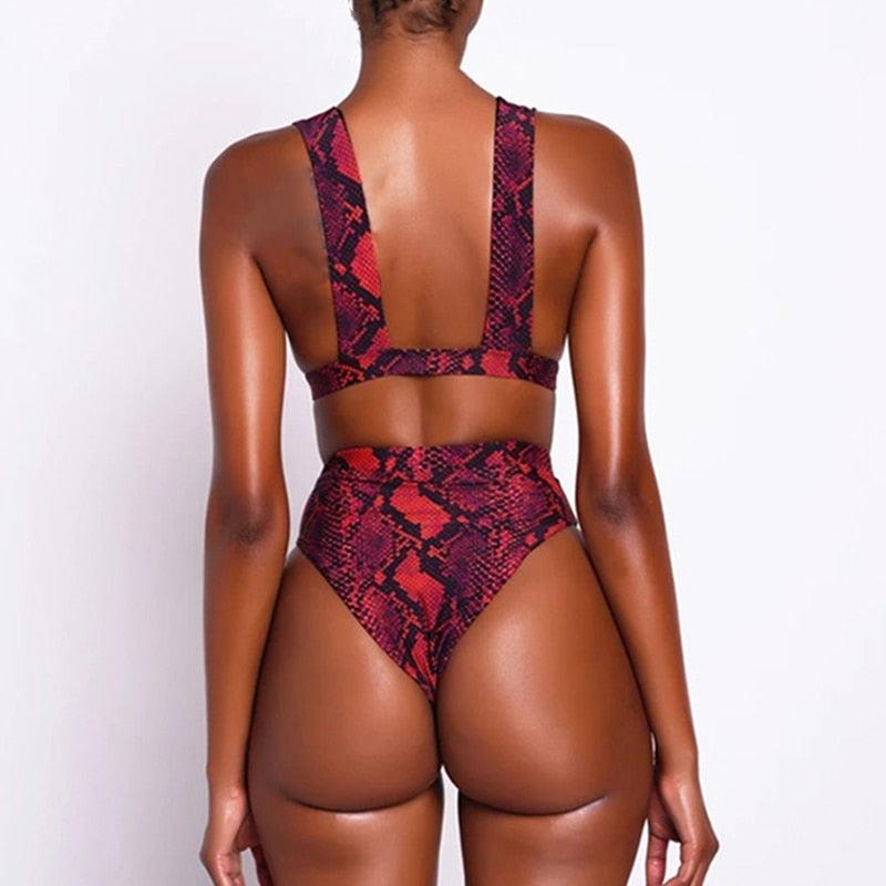 Red Summer Buckle High Waist Bikini Set Swimwear Women Swimsuit Red Snake Print Bathing Suit Female Bikinis Bikini High Waist Push Up Swimsuit 2 Piece Swimwear Bathing Suit Beachwear