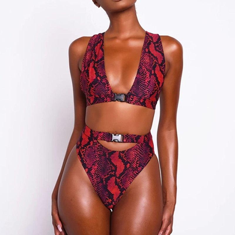 Red Summer Buckle High Waist Bikini Set Swimwear Women Swimsuit Red Snake Print Bathing Suit Female Bikinis Bikini High Waist Push Up Swimsuit 2 Piece Swimwear Bathing Suit Beachwear