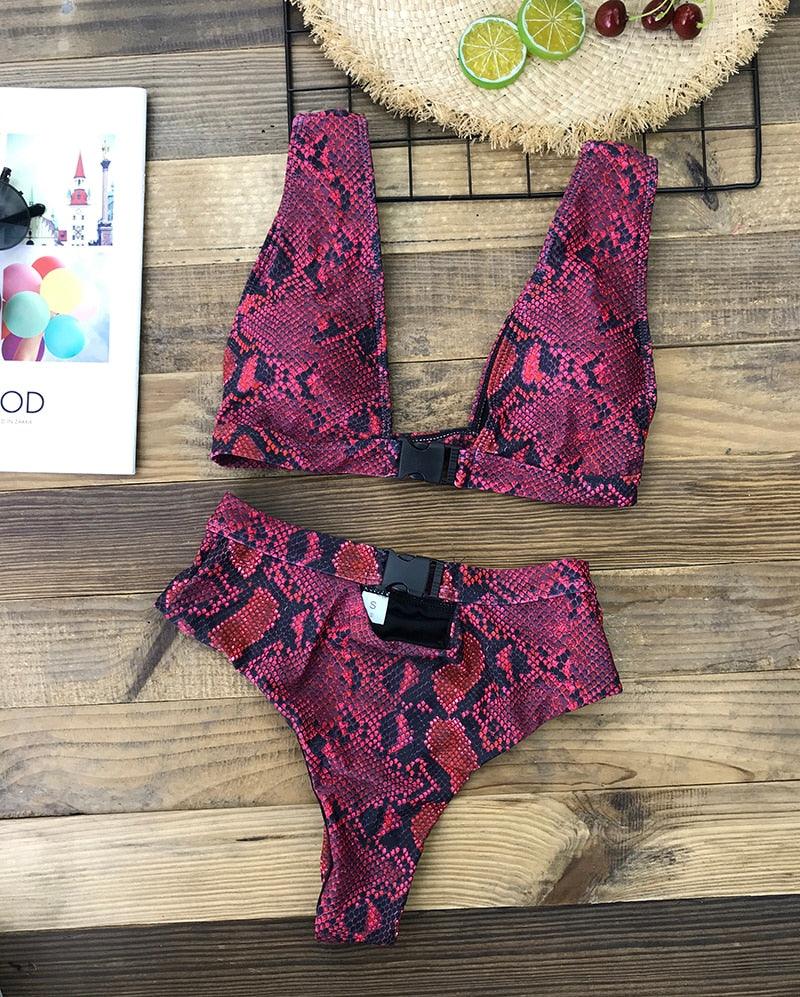 Red Summer Buckle High Waist Bikini Set Swimwear Women Swimsuit Red Snake Print Bathing Suit Female Bikinis Bikini High Waist Push Up Swimsuit 2 Piece Swimwear Bathing Suit Beachwear