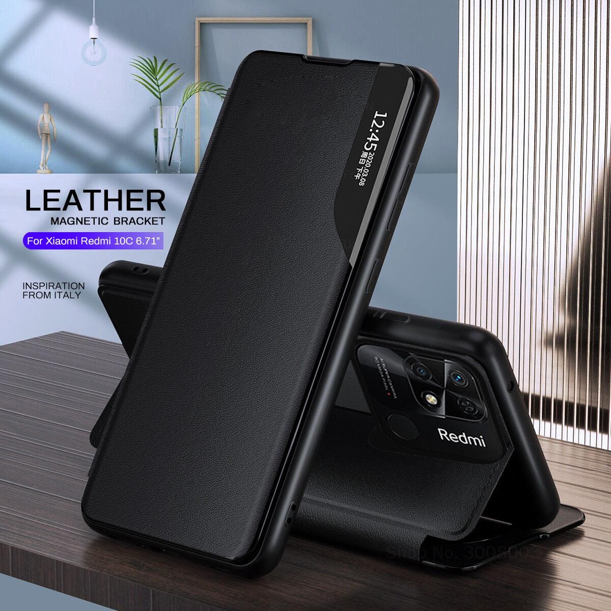 Redmi 10C Case Smart View Side Leather Flip Phone Cover For Xiaomi Redmi 10C Magnetic Book Stand Redmi 10C 10 C C10 Premium PU Leather Smart Sleep/Wake Up Function Smart View Window Business Phone Cover for Xiaomi