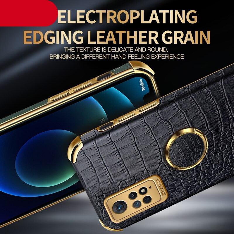 Redmi Note11 Ring Holder Case Luxury Crocodile Cover Gold Edge 360 Degree Rotation Stand Pro Crocodile Pattern Leather Plating Cover For Xiaomi Redmi Note 10 10S 11S 11 Pro Plus Xiomi Note10 Cases