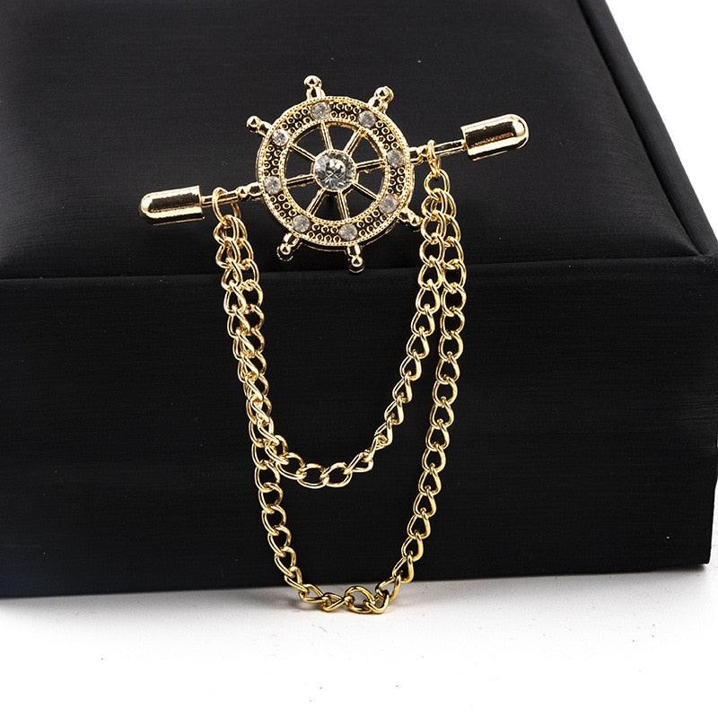 Retro Crystal Brooches Navy Rudder Brooch Pin Tassel Chain Rhinestone Sweater Collar Brooch Pin Chain Clip Shawl Wedding Suit Shirt Badge Collar Lapel Pin For Men Jewelry Perfect Gift For Your Men